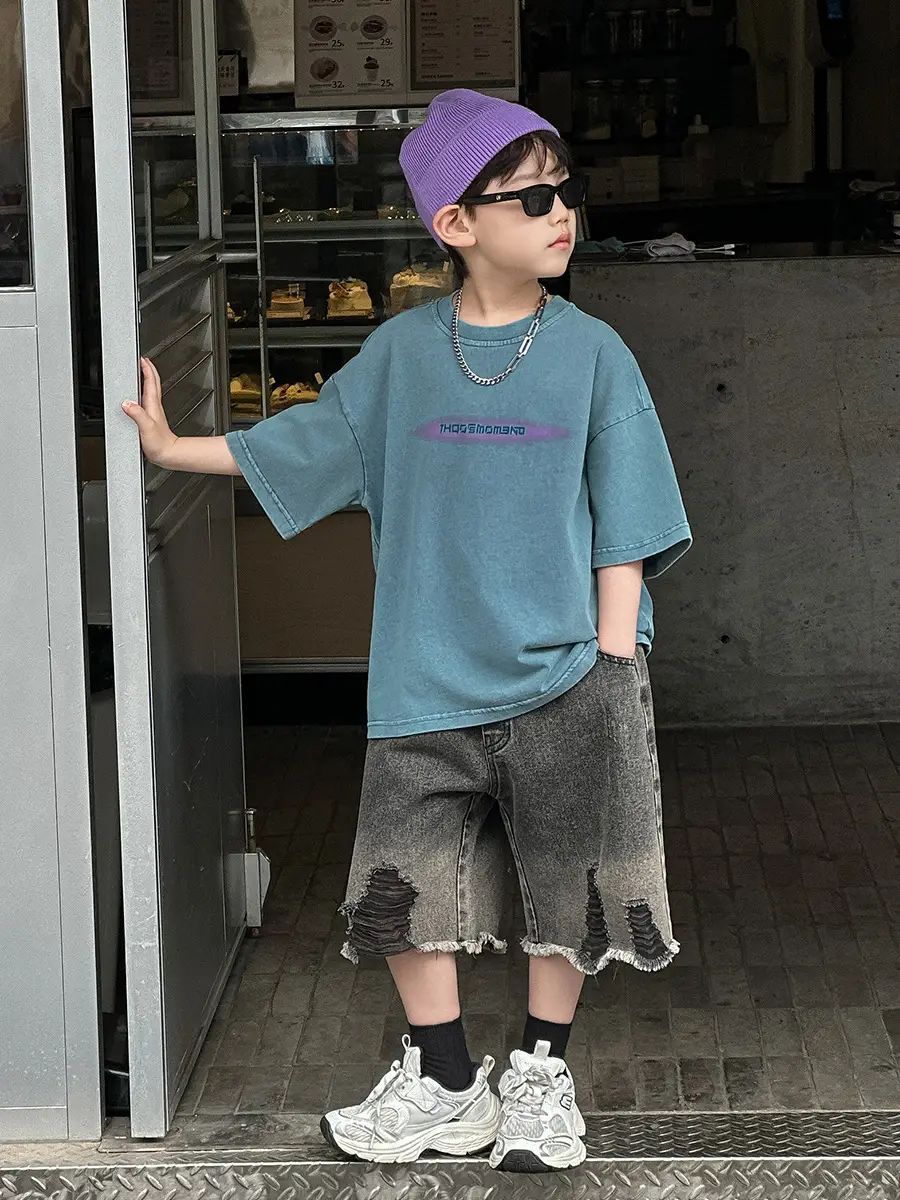 Boys Denim Capri Shorts Set with White Sneakers — feature 16