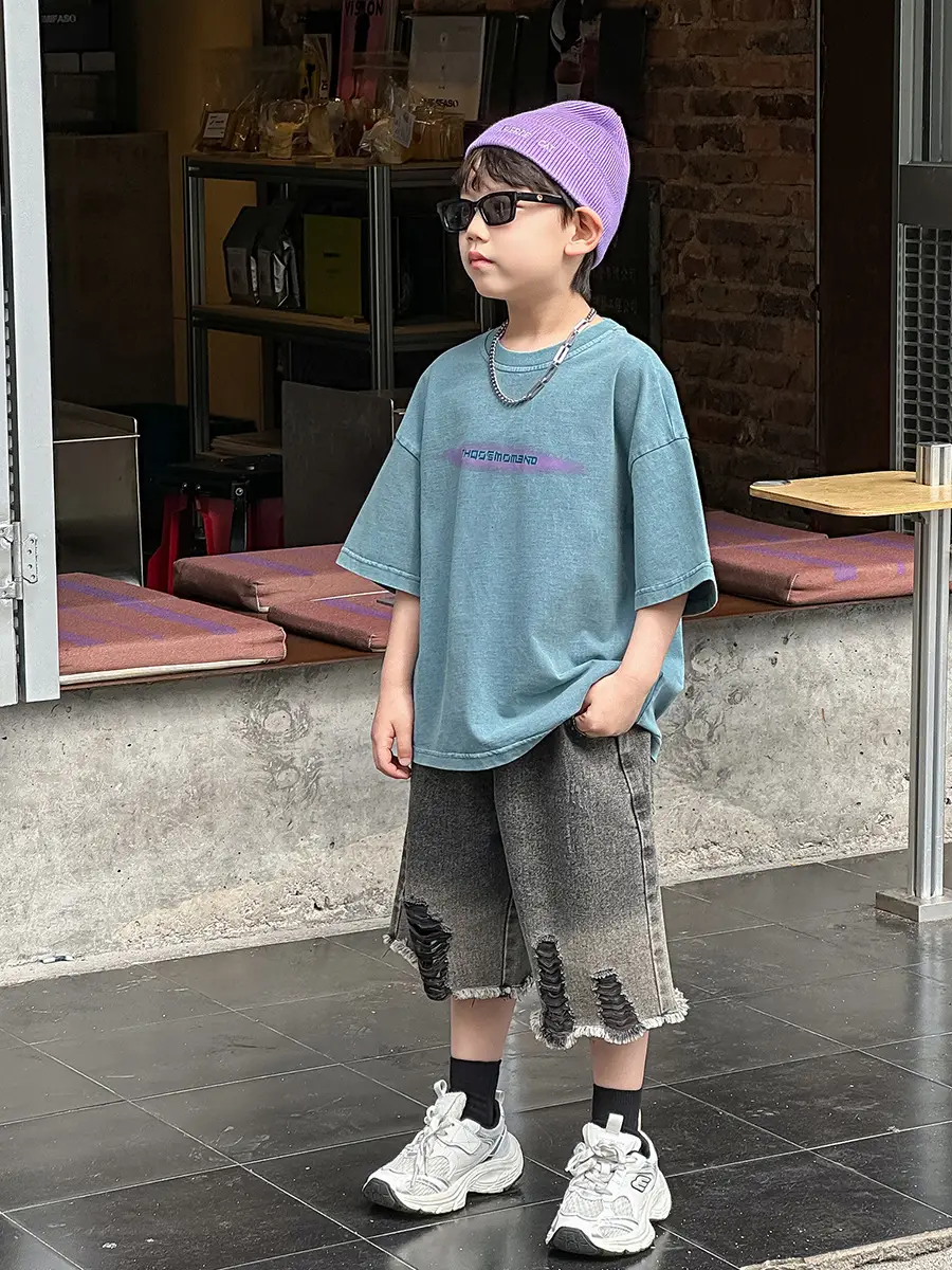 Boys Denim Capri Shorts Set with White Sneakers — feature 17