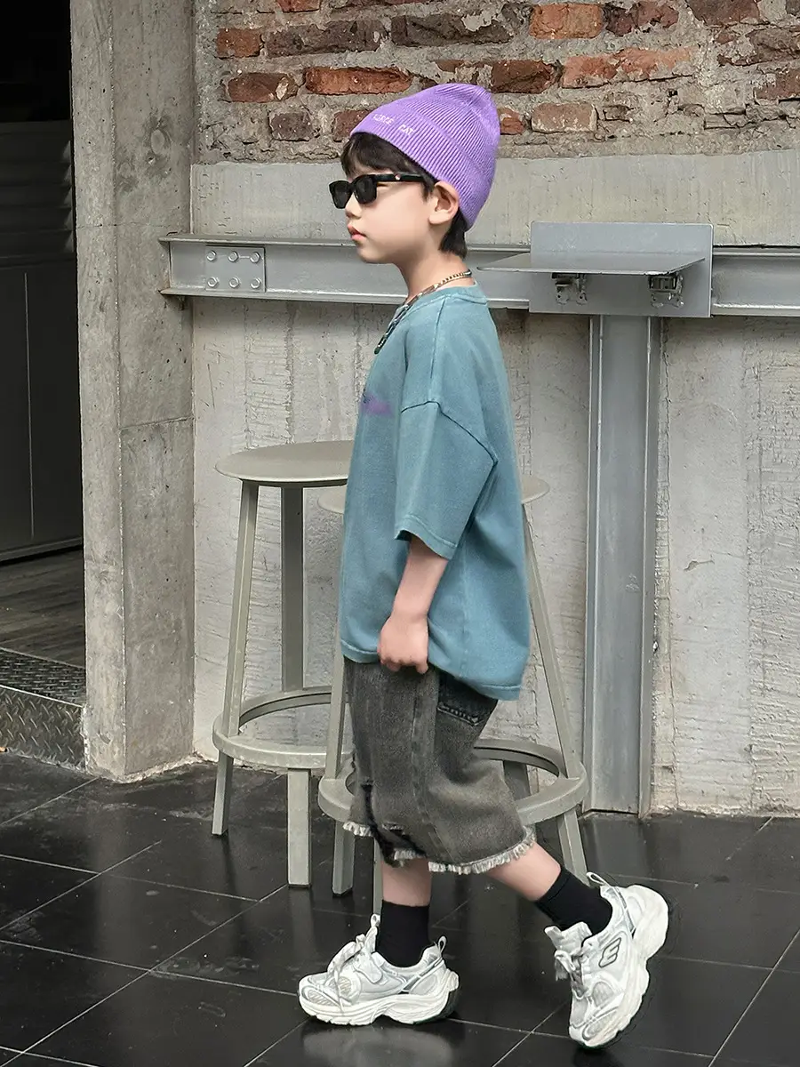 Boys Denim Capri Shorts Set with White Sneakers — feature 20