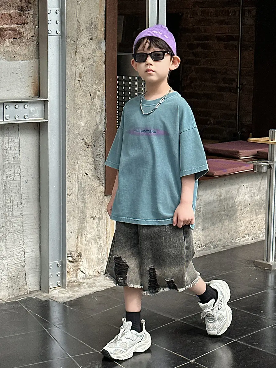 Boys Denim Capri Shorts Set with White Sneakers — feature 21