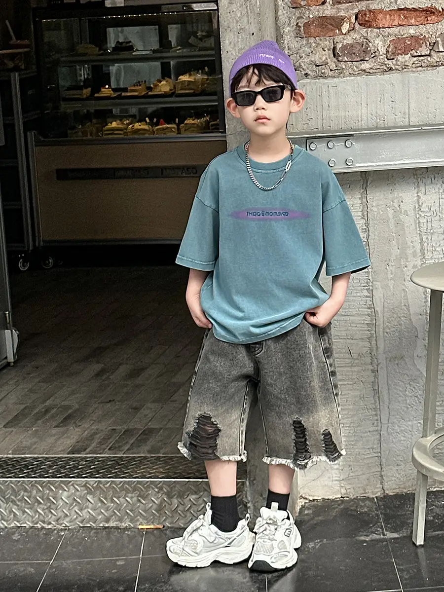 Boys Denim Capri Shorts Set with White Sneakers — feature 22
