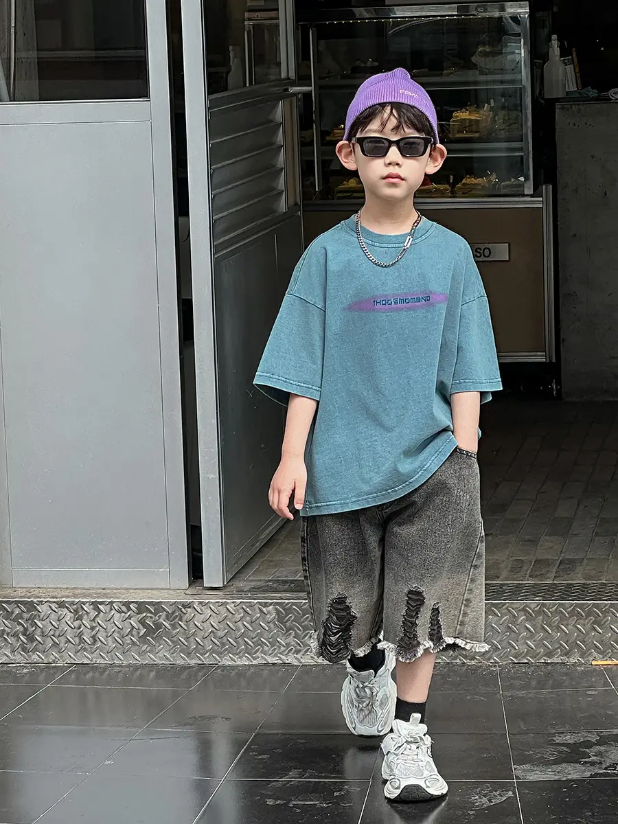 Boys Denim Capri Shorts Set with White Sneakers — feature 23