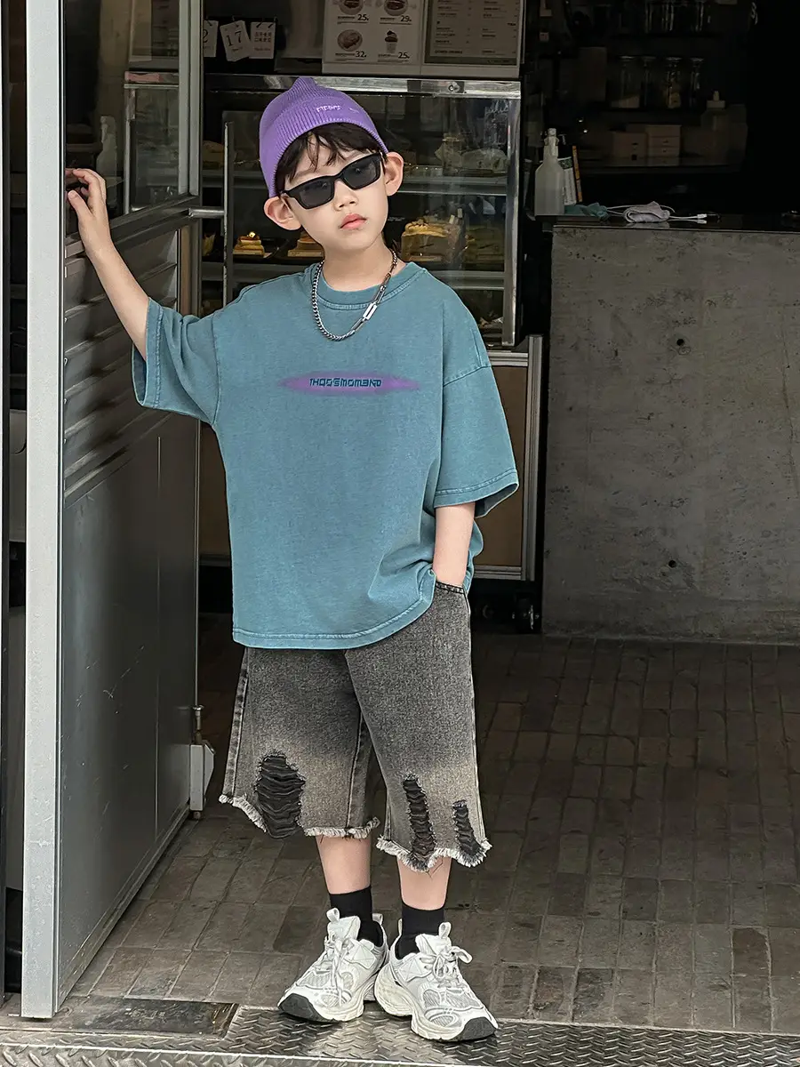 Boys Denim Capri Shorts Set with White Sneakers — feature 24