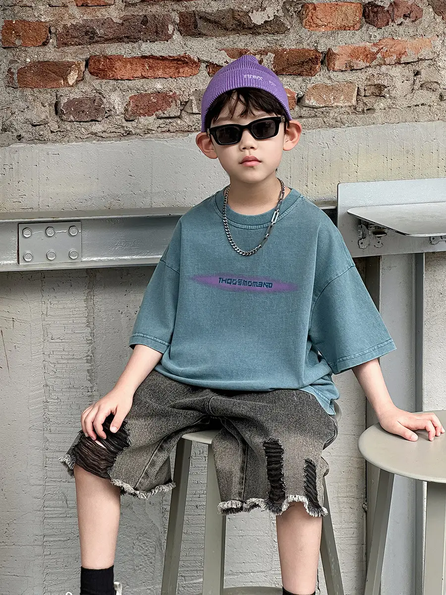 Boys Denim Capri Shorts Set with White Sneakers — feature 25