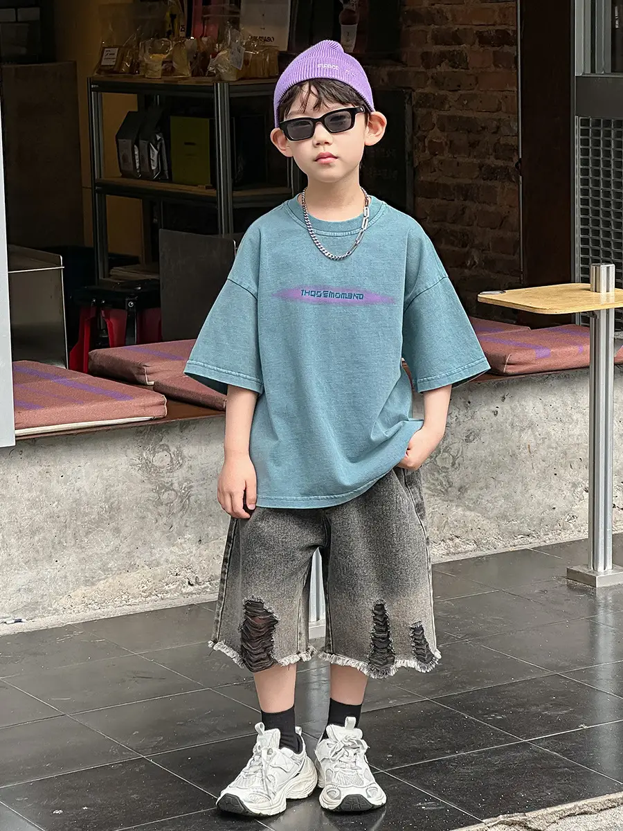 Boys Denim Capri Shorts Set with White Sneakers — feature 4