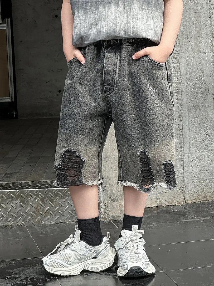 Boys Denim Capri Shorts Set with White Sneakers — feature 9
