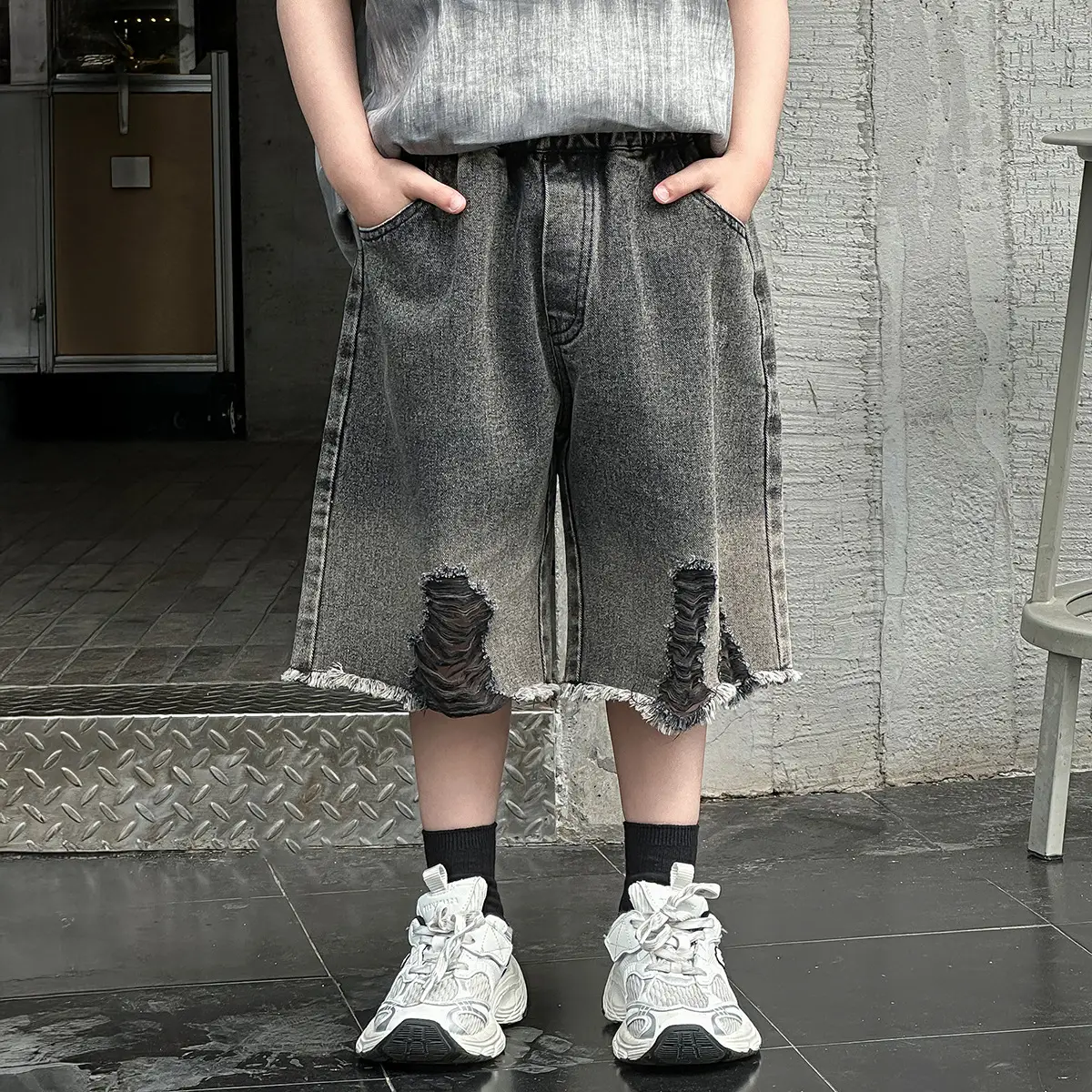 Boys Denim Capri Shorts Set with White Sneakers - Image 2