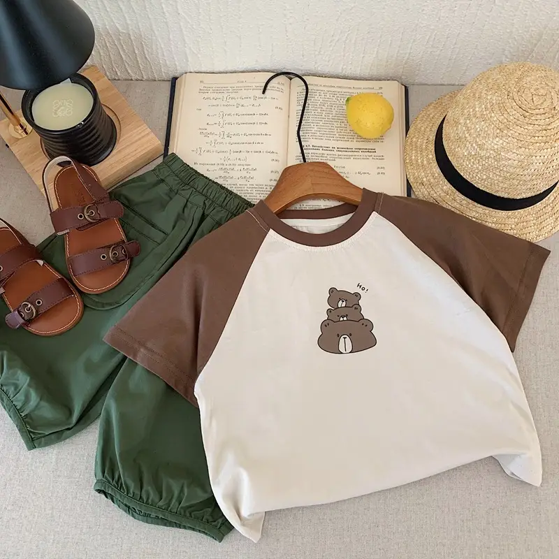 Korean Style Boys T-Shirt Brown Cream Raglan Sleeve 2025 - Image 2
