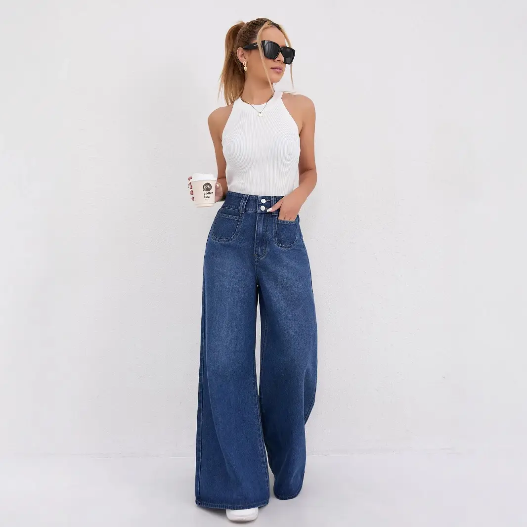 Wide Leg Denim Pants Dark Blue High Waist Loose Fit