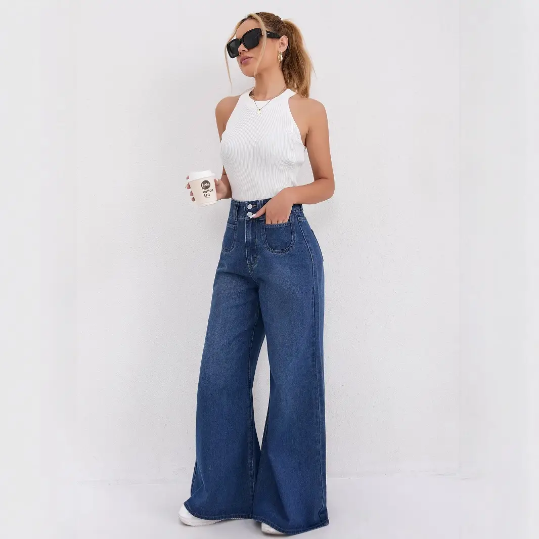 Wide Leg Denim Pants Dark Blue High Waist Loose Fit