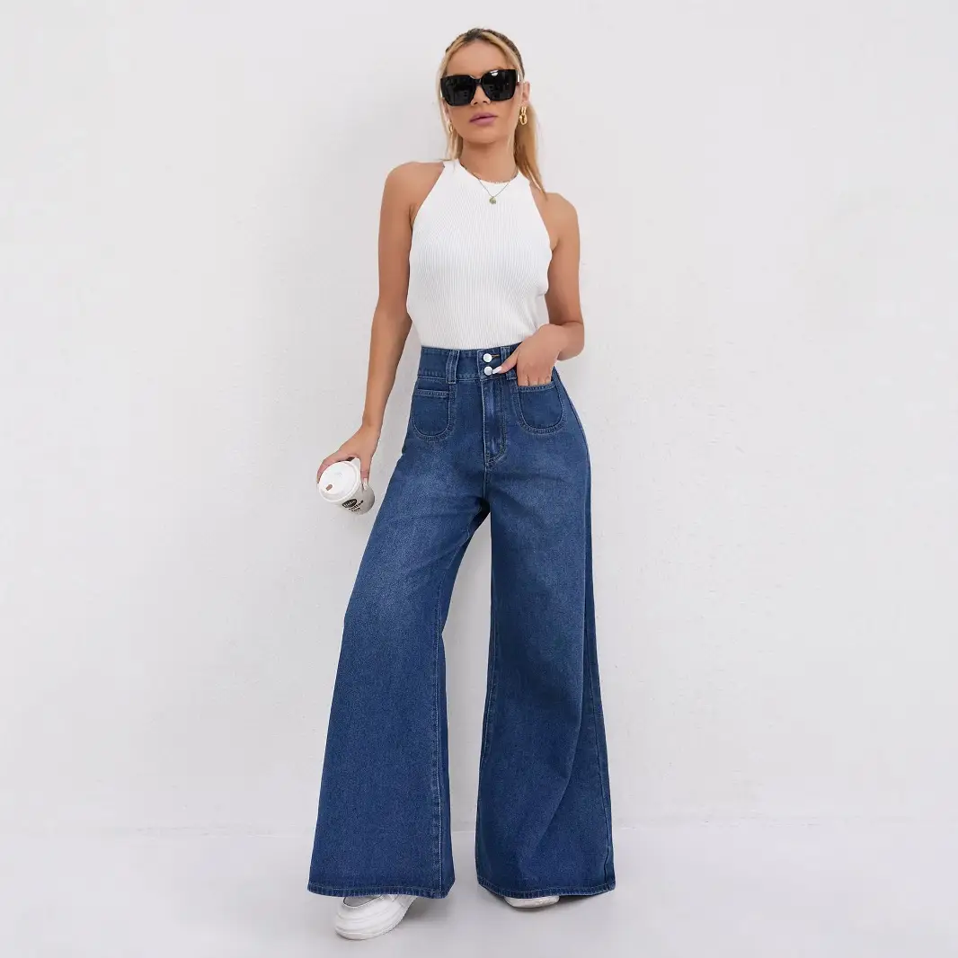 Wide Leg Denim Pants Dark Blue High Waist Loose Fit