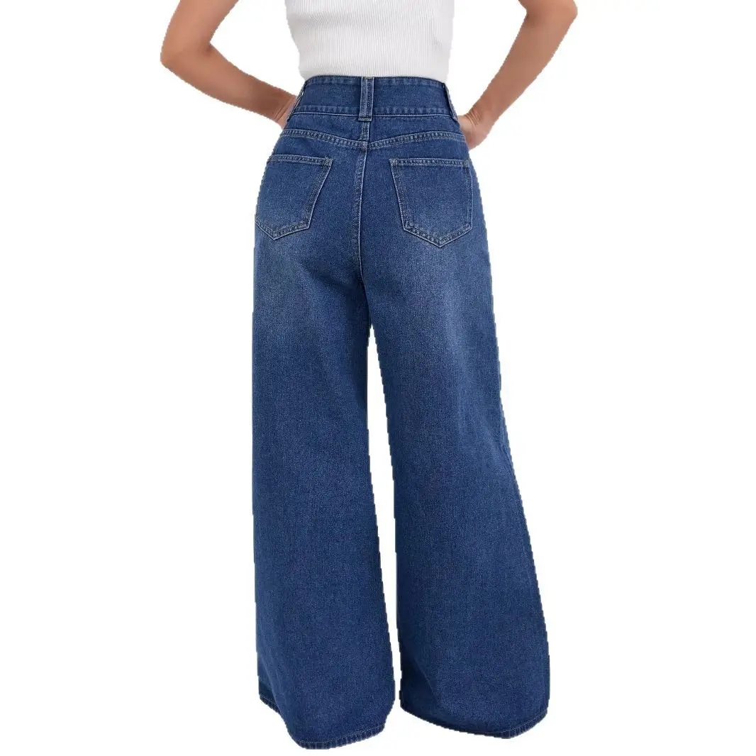 Wide Leg Denim Pants Dark Blue High Waist Loose Fit