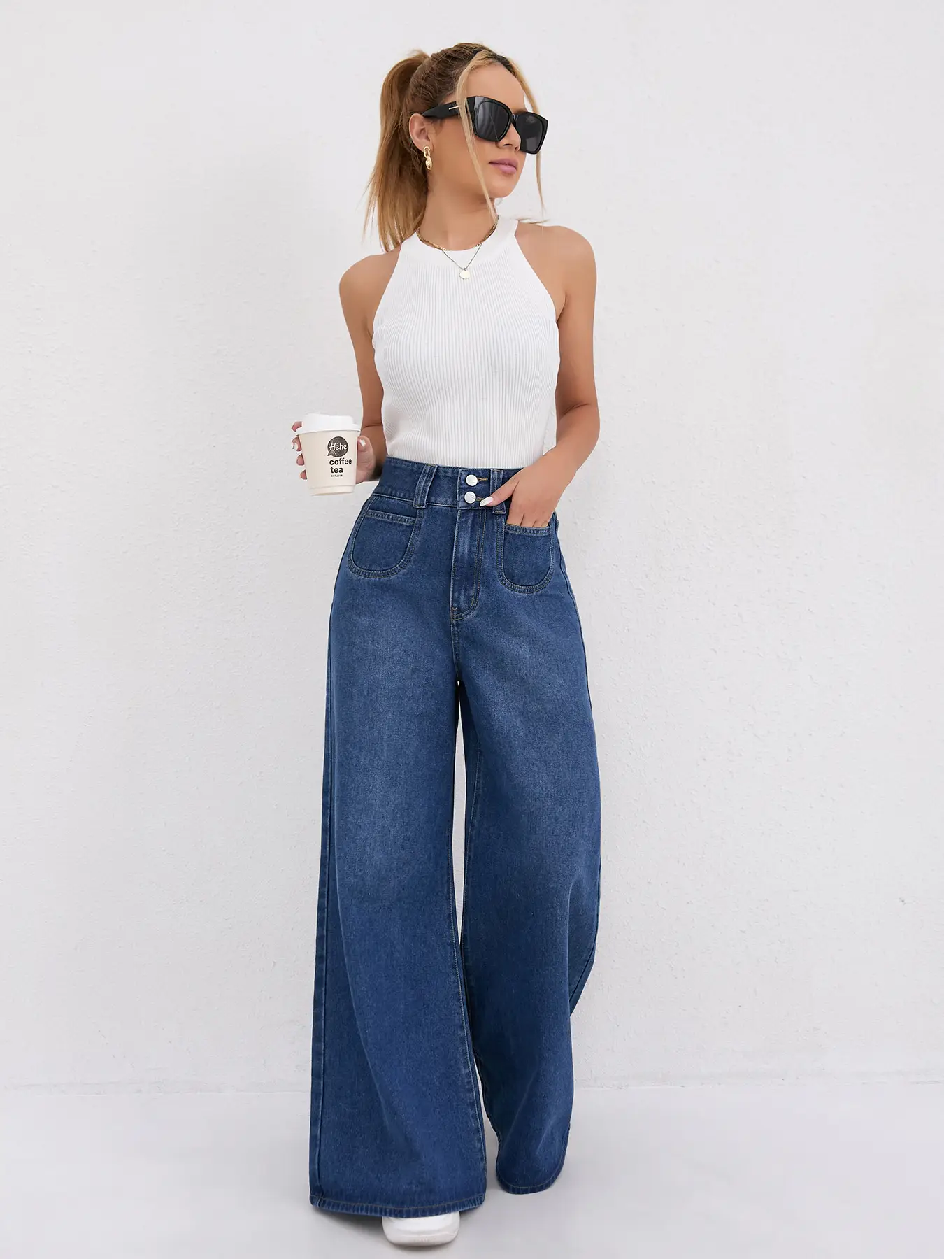 Wide Leg Denim Pants Dark Blue High Waist Loose Fit — feature 3