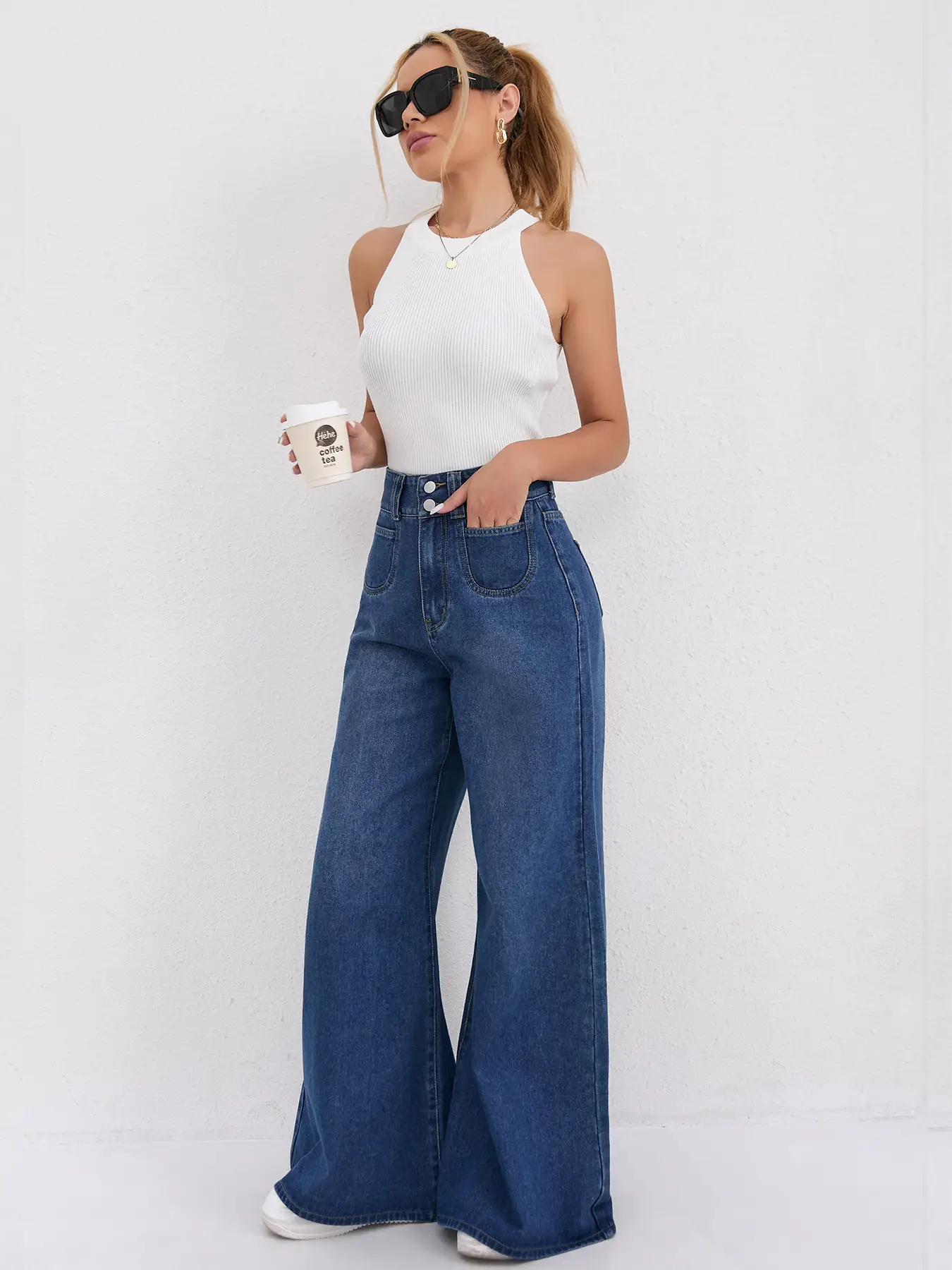 Wide Leg Denim Pants Dark Blue High Waist Loose Fit — feature 4
