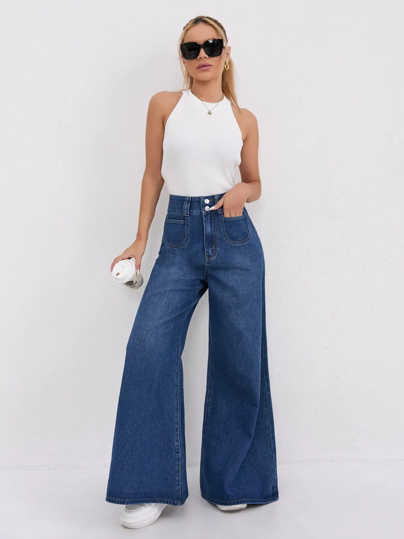 Wide Leg Denim Pants Dark Blue High Waist Loose Fit — feature 5