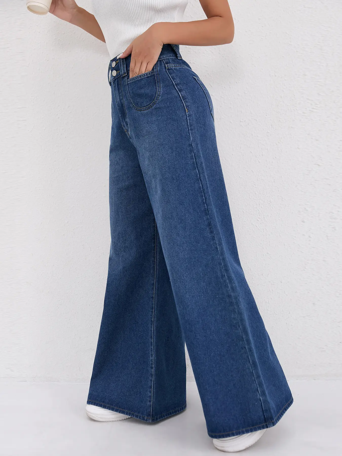 Wide Leg Denim Pants Dark Blue High Waist Loose Fit — feature 6