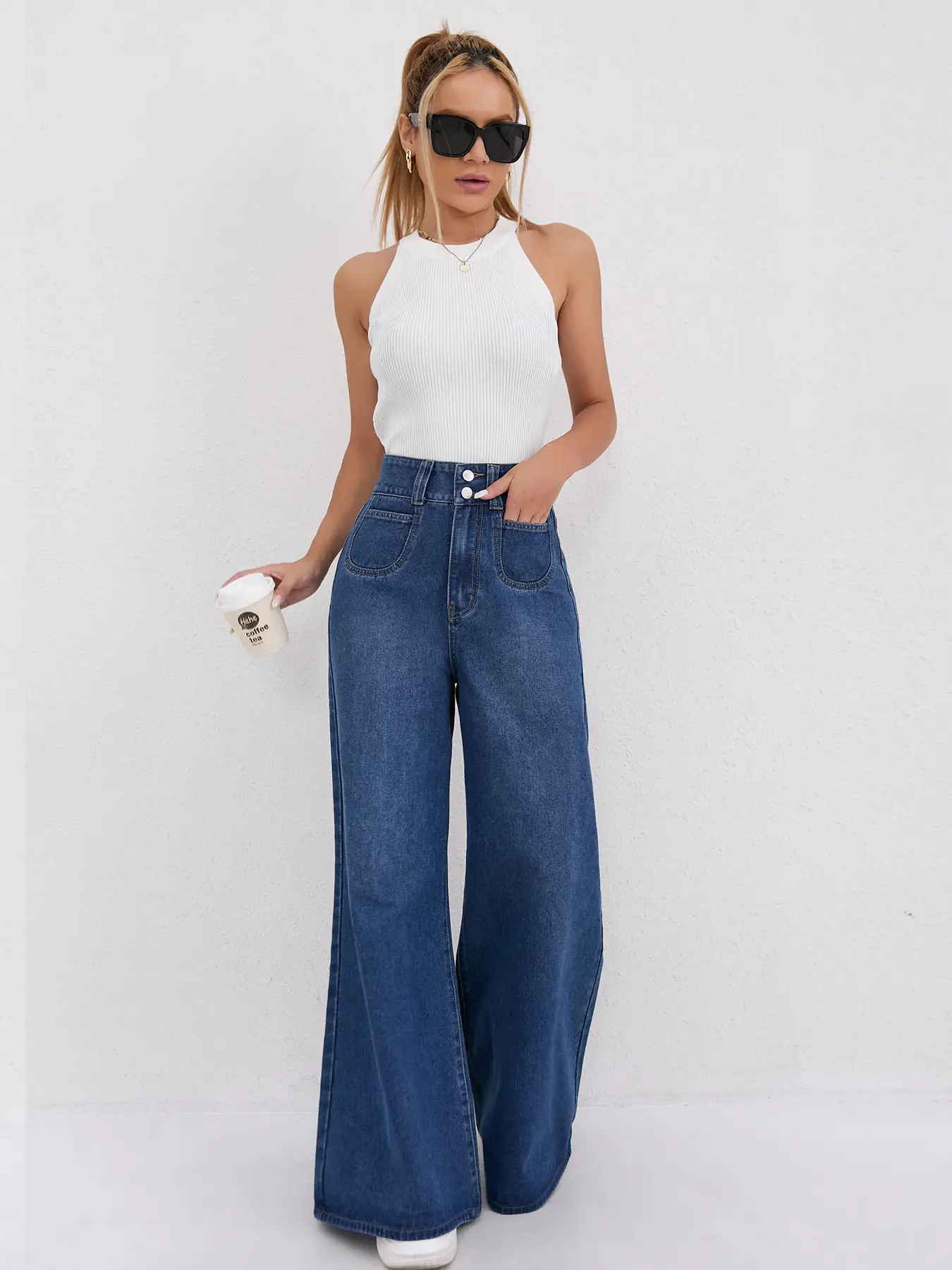 Wide Leg Denim Pants Dark Blue High Waist Loose Fit — feature 8