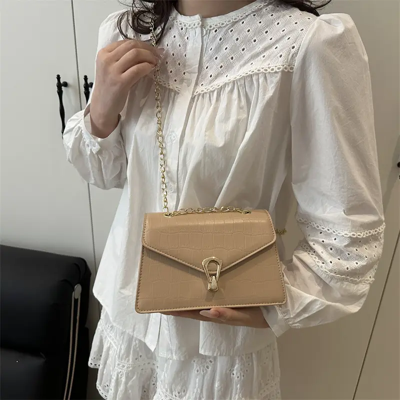Orange Croc Leather Chain Bag with Lock Buckle for Women - Image 6