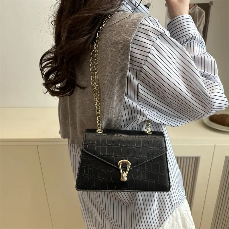 Orange Croc Leather Chain Bag with Lock Buckle for Women - Image 7