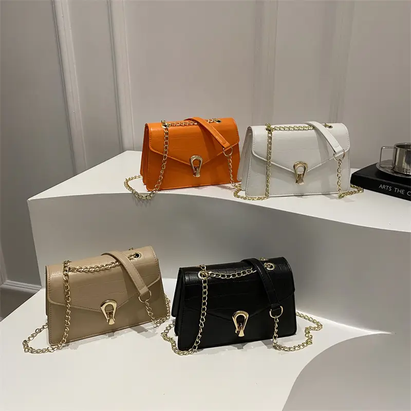 Orange Croc Leather Chain Bag with Lock Buckle for Women - Image 8
