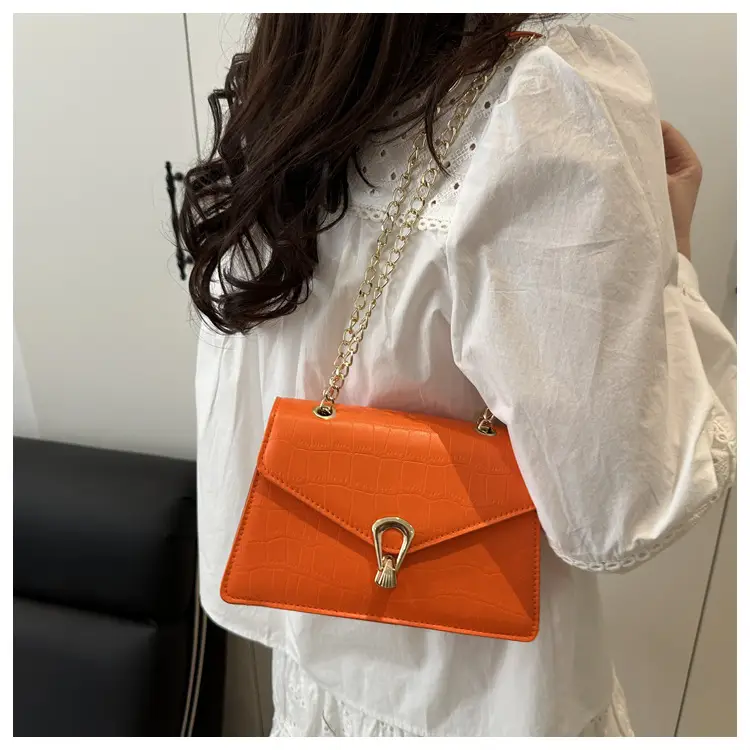 Orange Croc Leather Chain Bag with Lock Buckle for Women — feature 13