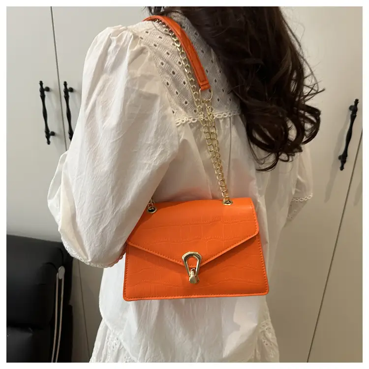 Orange Croc Leather Chain Bag with Lock Buckle for Women — feature 14