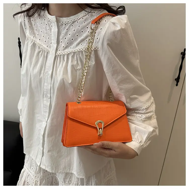 Orange Croc Leather Chain Bag with Lock Buckle for Women — feature 15