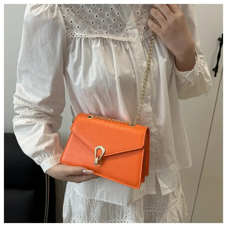 Orange Croc Leather Chain Bag with Lock Buckle for Women — feature 16