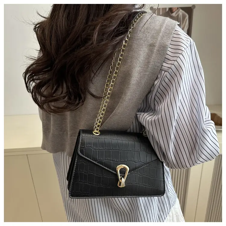Orange Croc Leather Chain Bag with Lock Buckle for Women — feature 17