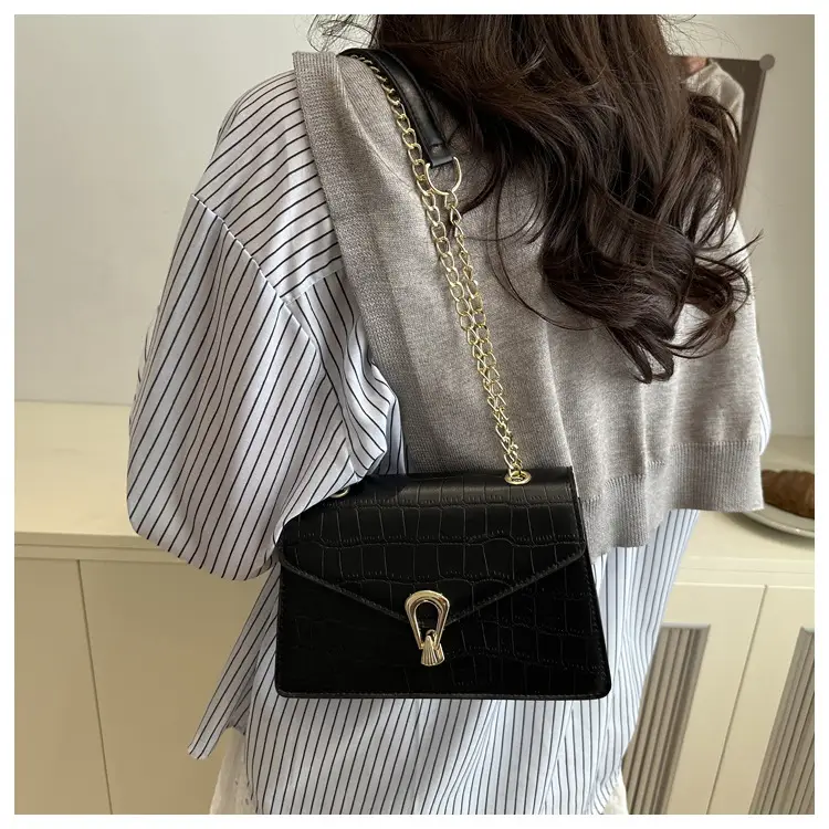 Orange Croc Leather Chain Bag with Lock Buckle for Women — feature 18