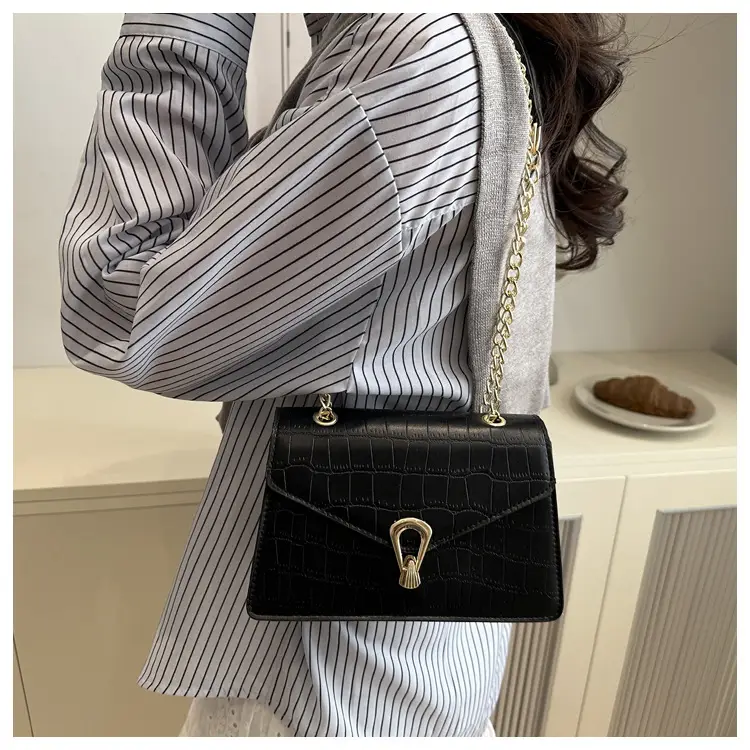 Orange Croc Leather Chain Bag with Lock Buckle for Women — feature 19