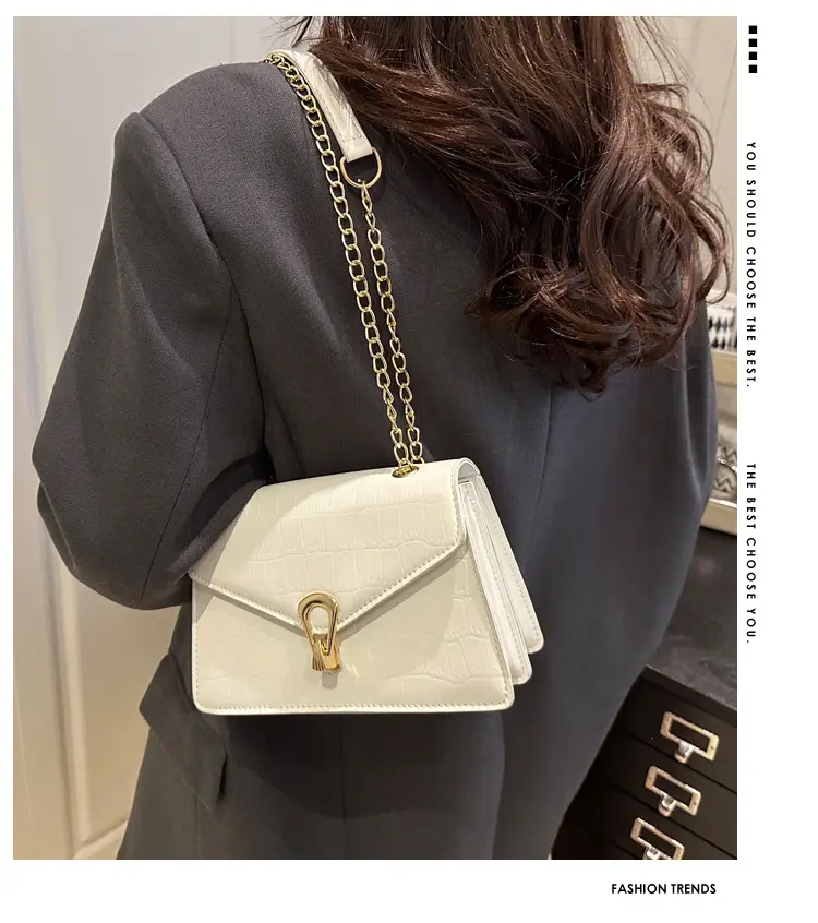 Orange Croc Leather Chain Bag with Lock Buckle for Women — feature 2