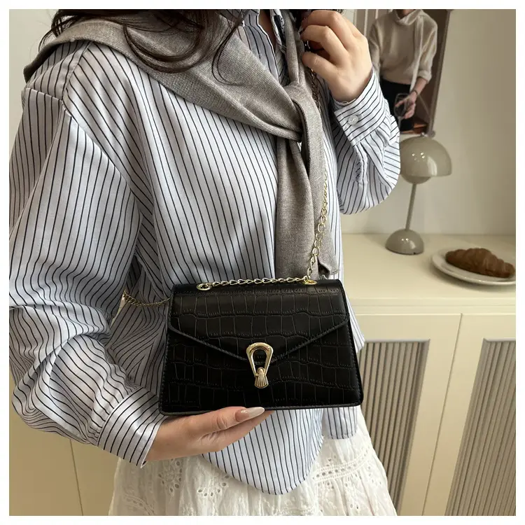 Orange Croc Leather Chain Bag with Lock Buckle for Women — feature 20