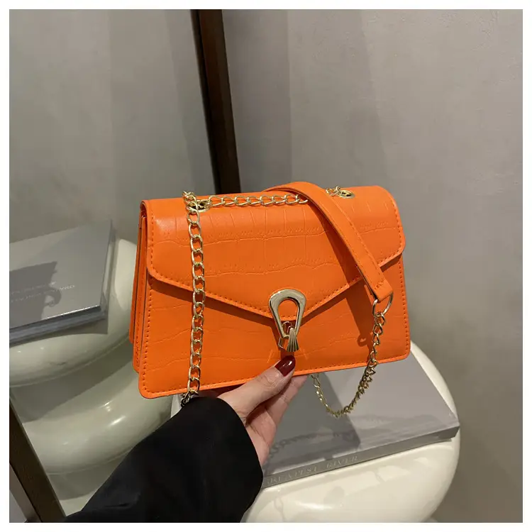 Orange Croc Leather Chain Bag with Lock Buckle for Women — feature 26
