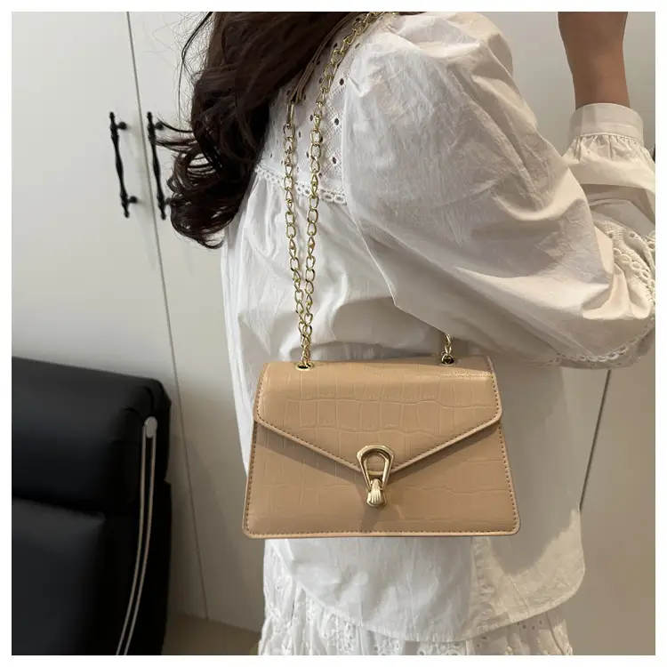 Orange Croc Leather Chain Bag with Lock Buckle for Women — feature 9