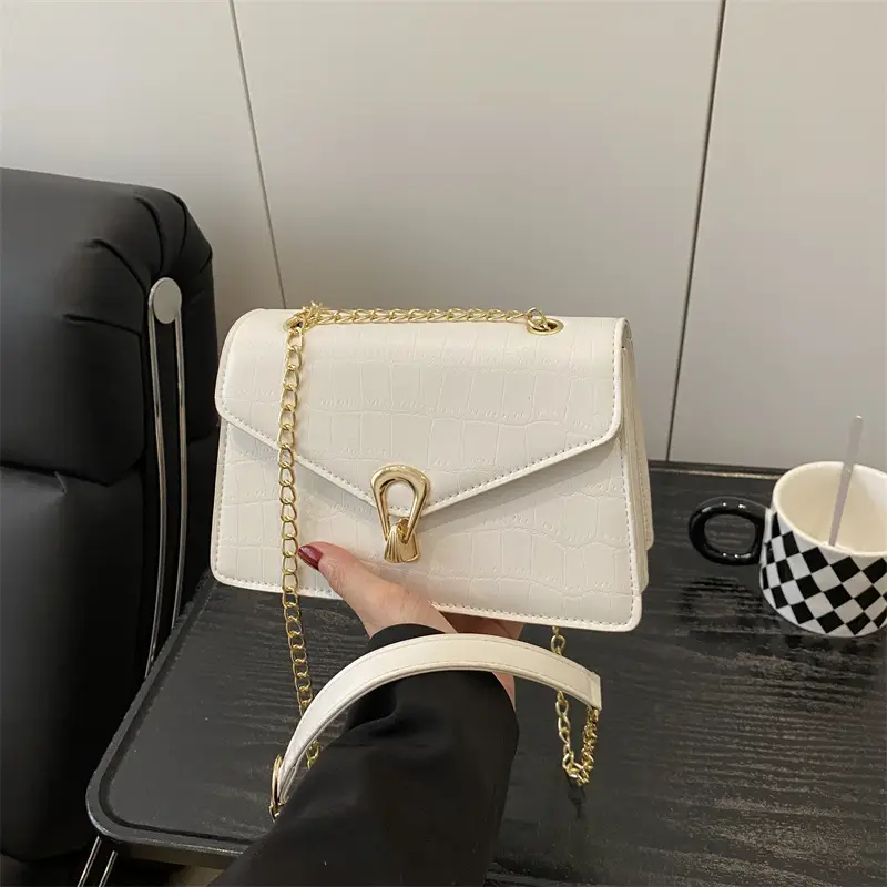 Orange Croc Leather Chain Bag with Lock Buckle for Women - Image 2
