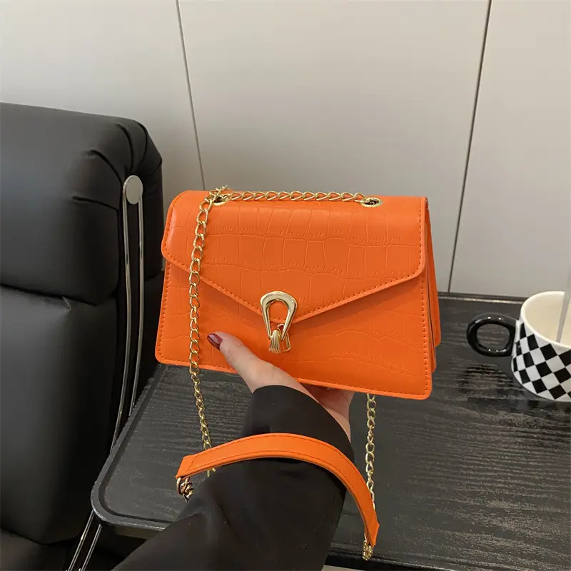 Orange Croc Leather Chain Bag with Lock Buckle for Women - Image 3