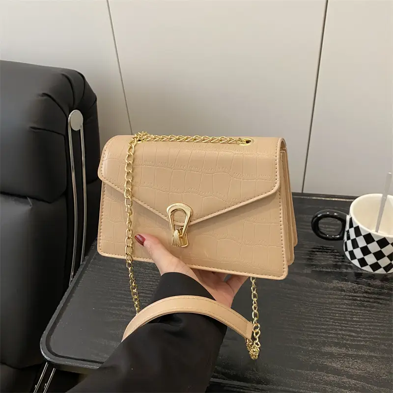 Orange Croc Leather Chain Bag with Lock Buckle for Women - Image 4