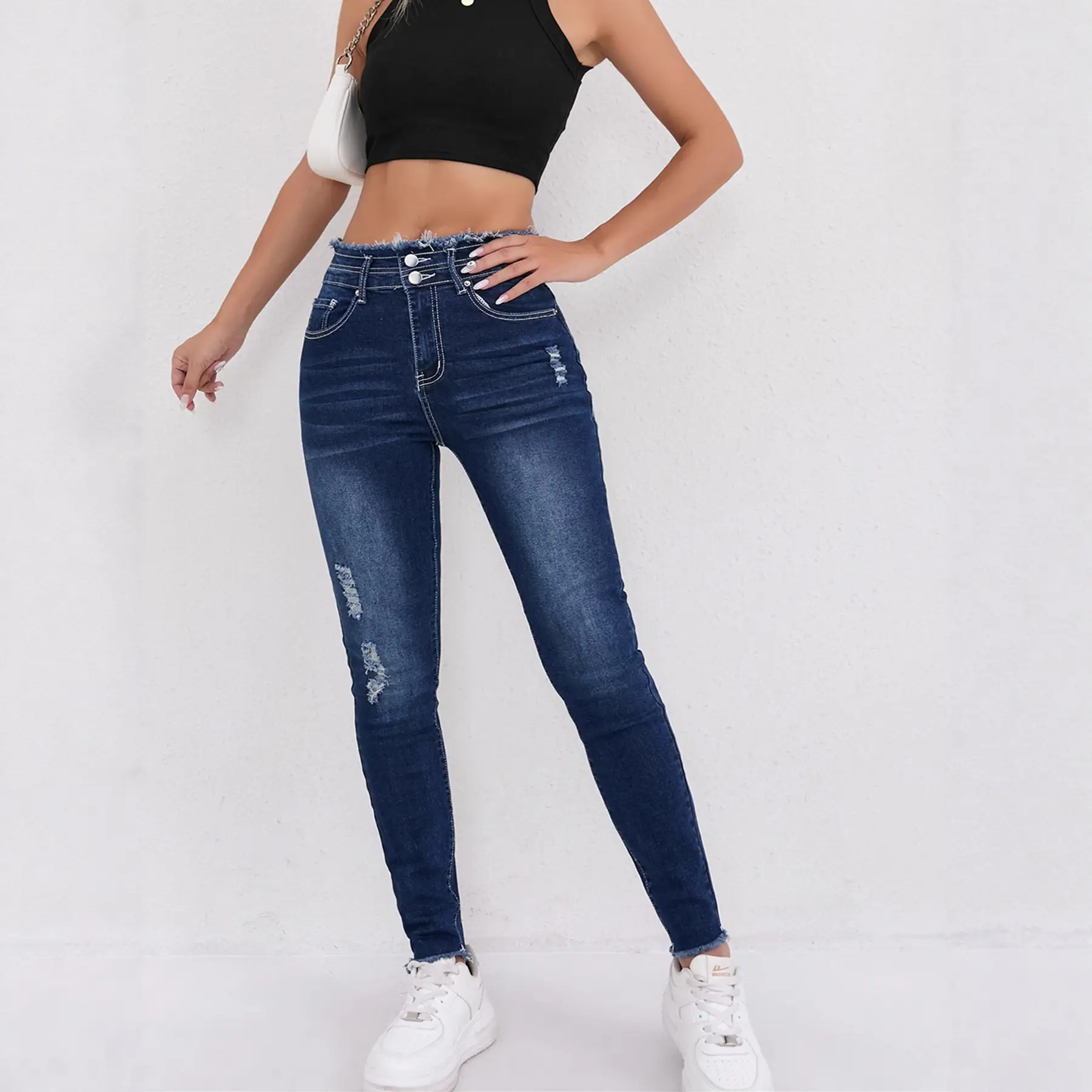 2025 Hot Skinny Jeans Dark Blue Ripped Women