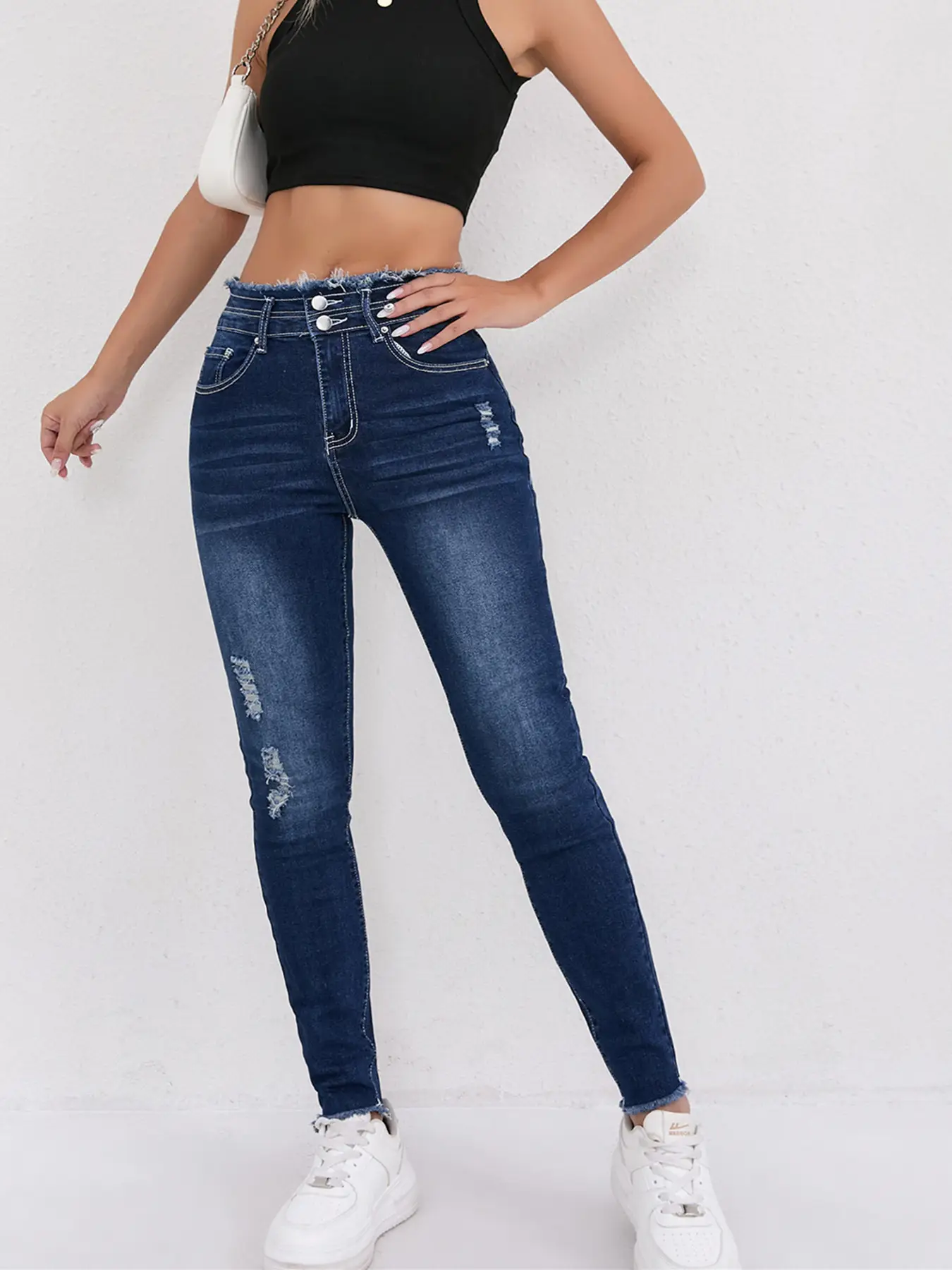 2025 Hot Skinny Jeans Dark Blue Ripped Women — feature 13