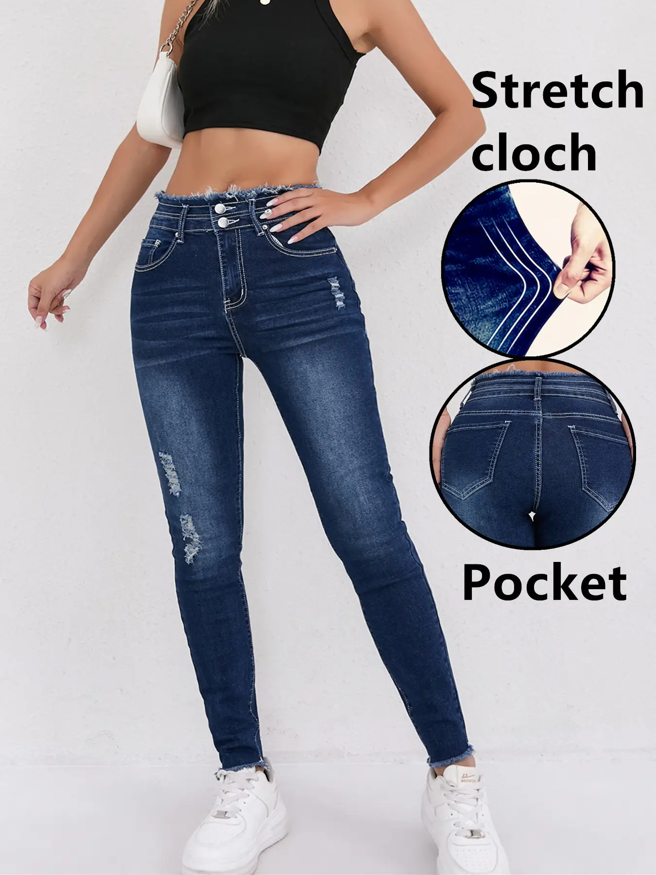 2025 Hot Skinny Jeans Dark Blue Ripped Women — feature 4