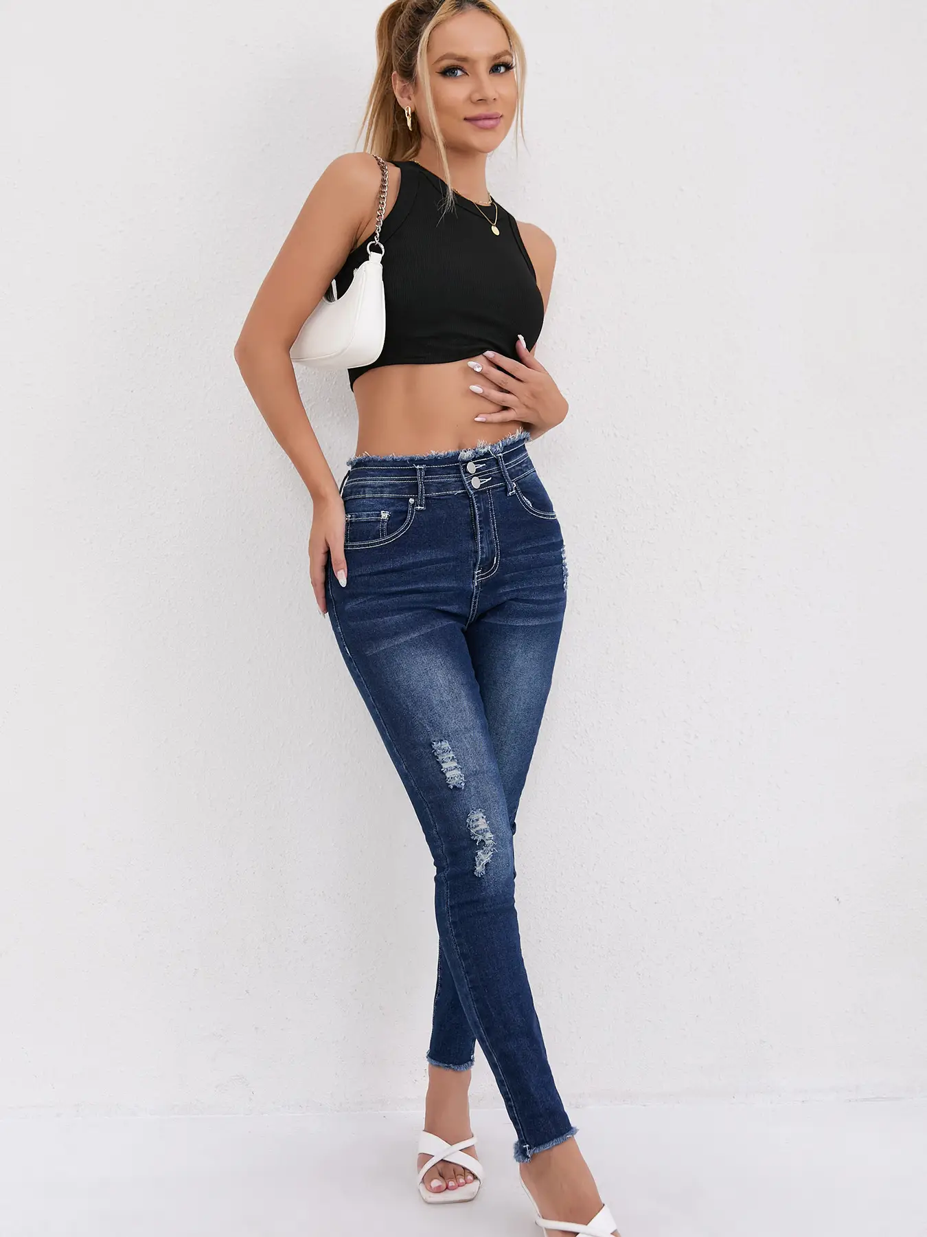 2025 Hot Skinny Jeans Dark Blue Ripped Women — feature 8