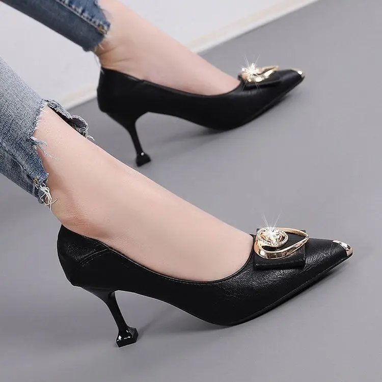 2026 Spring and Autumn New French Style High Heels Women's Stiletto Pointed Toe Work Shoes Non-Slip Shallow Two-Way Wear Rhinestone Single Shoes for Women - Image 7
