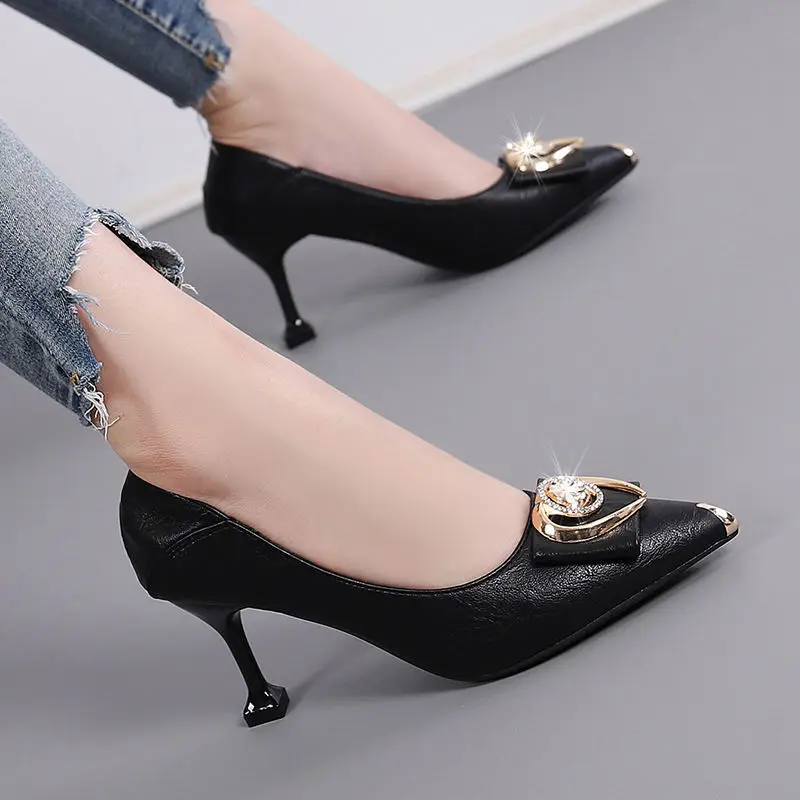 2026 Spring and Autumn New French Style High Heels Women's Stiletto Pointed Toe Work Shoes Non-Slip Shallow Two-Way Wear Rhinestone Single Shoes for Women - Image 2