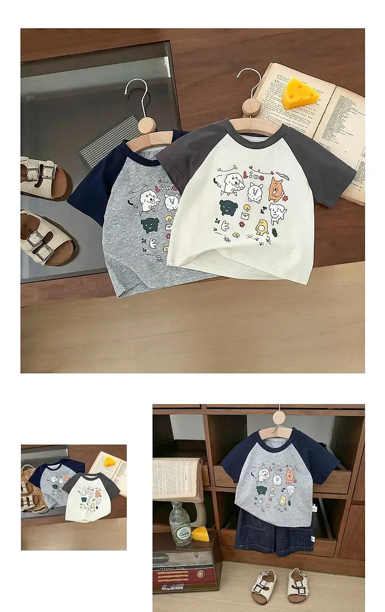 Summer Boys Cartoon Print T-Shirt Grey White Half Sleeve — feature 7