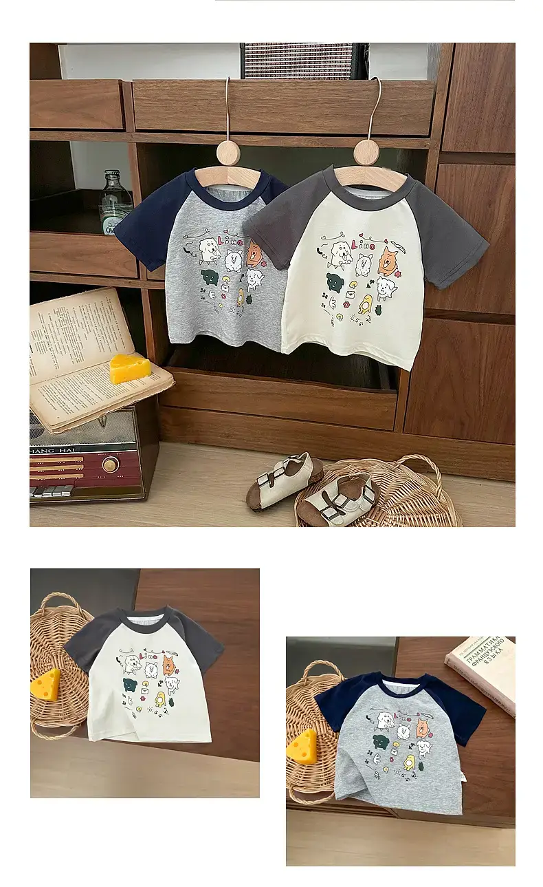 Summer Boys Cartoon Print T-Shirt Grey White Half Sleeve — feature 8