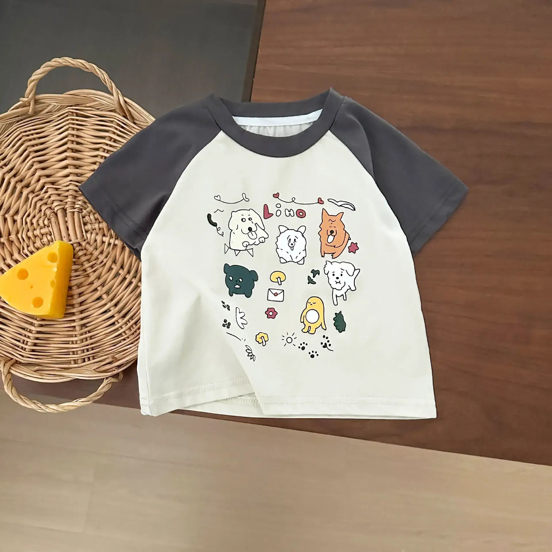 Summer Boys Cartoon Print T-Shirt Grey White Half Sleeve - Image 2