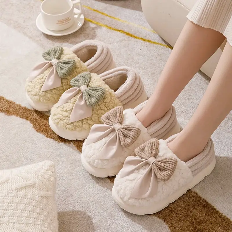 Cotton Slippers Women's Autumn and Winter 2023 New Indoor Home Thick Bottom Warm Home Bow Plush Slippers