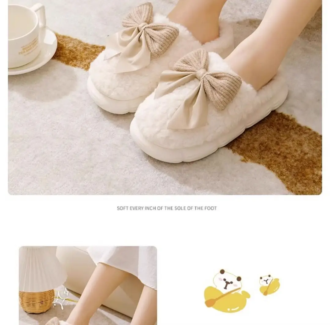 Cotton Slippers Women's Autumn and Winter 2023 New Indoor Home Thick Bottom Warm Home Bow Plush Slippers — feature 17