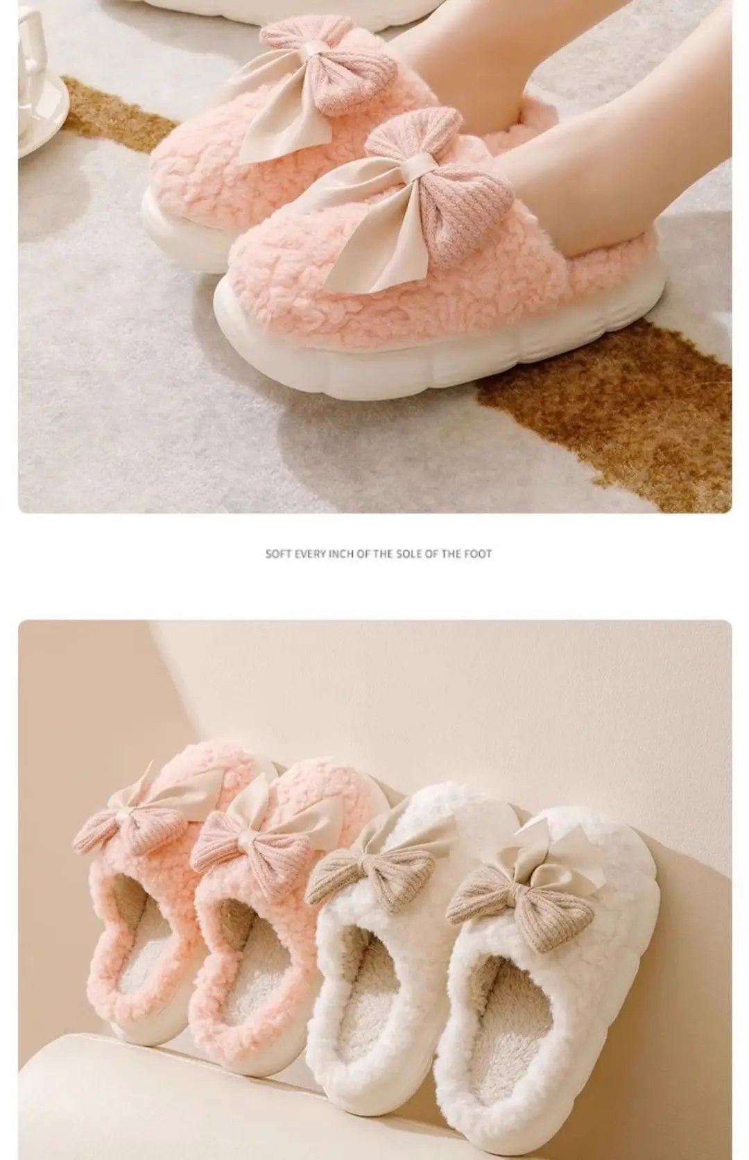 Cotton Slippers Women's Autumn and Winter 2023 New Indoor Home Thick Bottom Warm Home Bow Plush Slippers — feature 19